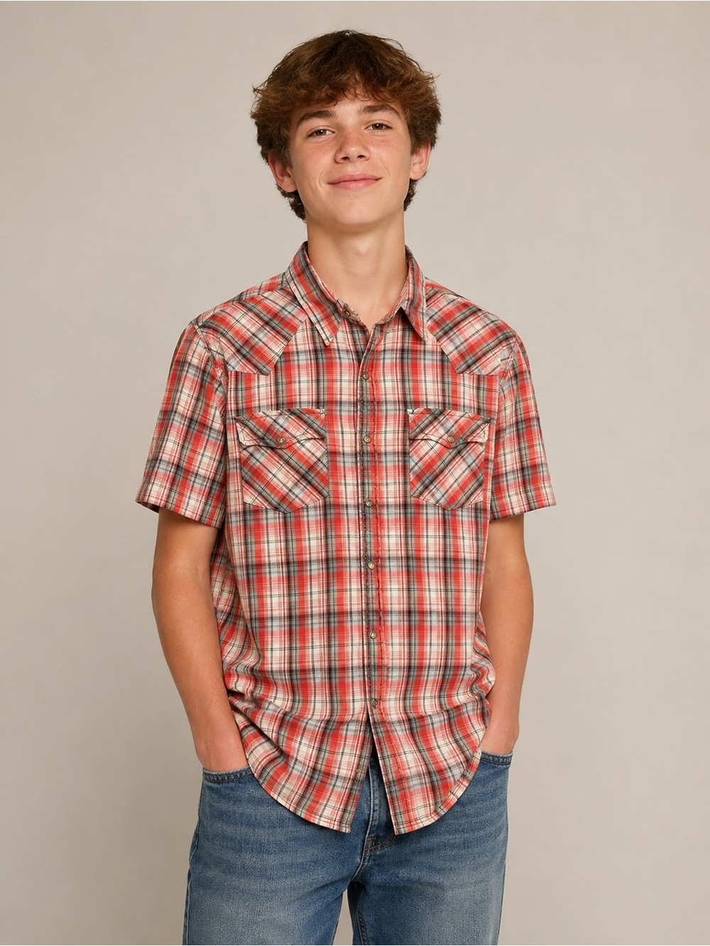 Levi’s Western Pearl Snap Plaid Shirt Youth Medium Red Gray Cowboy Core